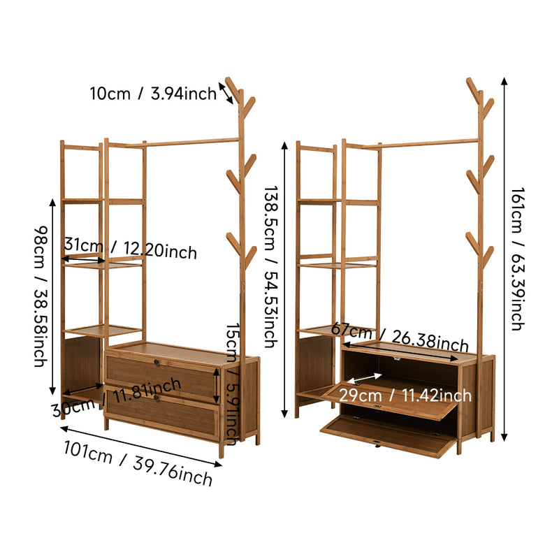 Livingandhome 101cm Multi-functional Wooden Coat Rack with Storage Drawers