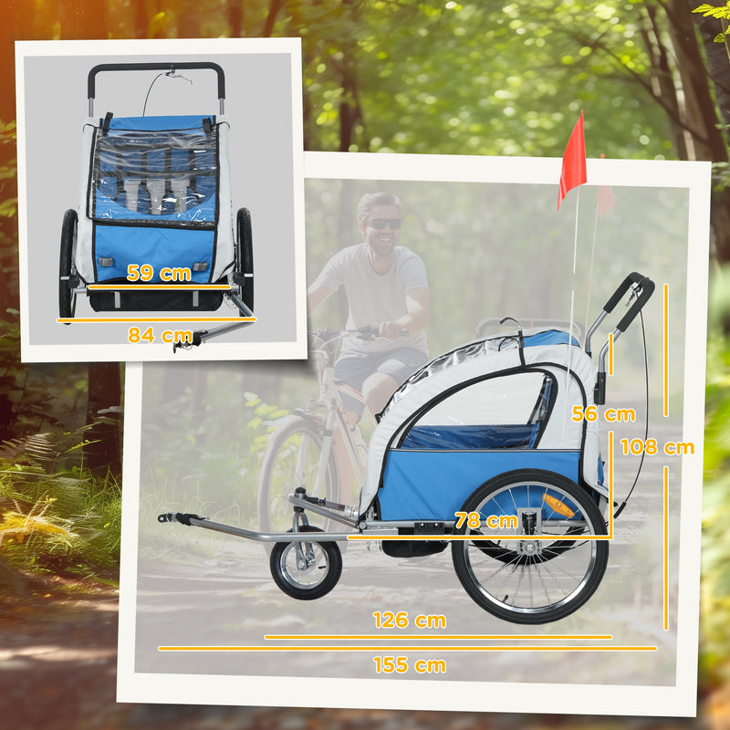 HOMCOM 2 Seat Bike Trailer with 5 Point Harness, for 18+ Months, Blue
