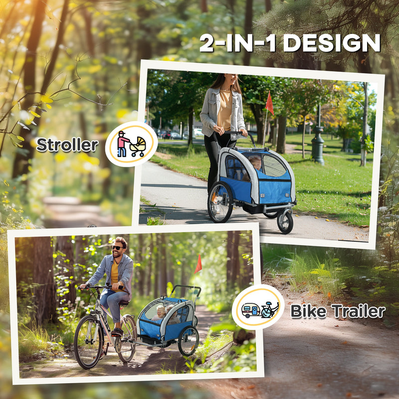 HOMCOM 2 Seat Bike Trailer with 5 Point Harness, for 18+ Months, Blue