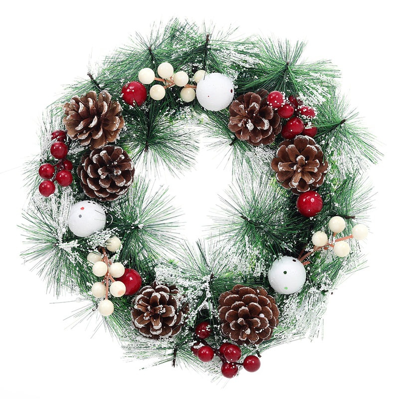 Livingandhome 32cm Snow Flocked Christmas Artificial Wreath with Classical Xmas Ornaments
