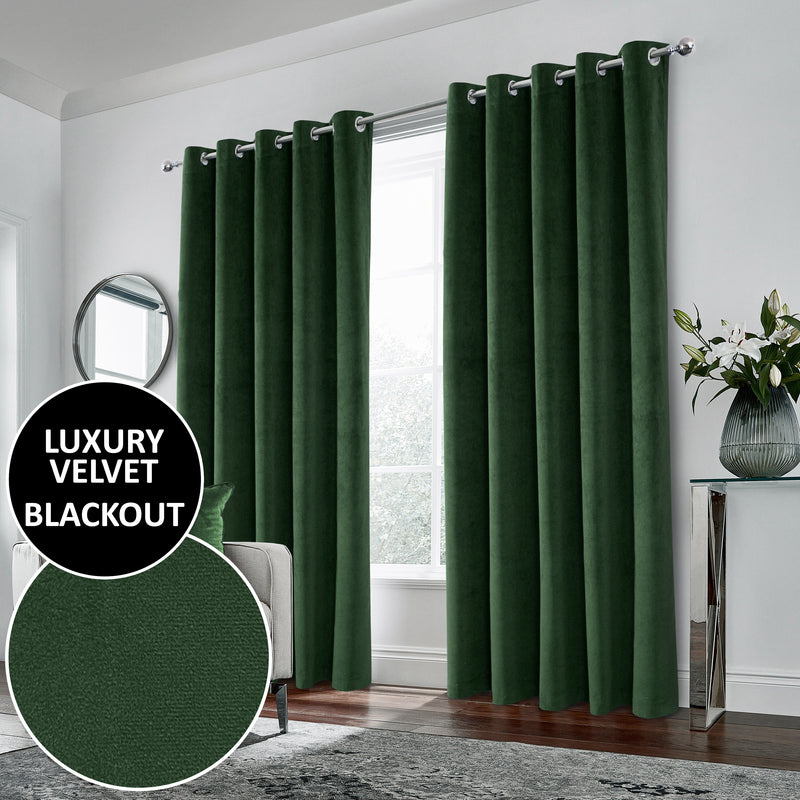Luxury Enhanced Living Green Velvet, Supersoft, 100% Blackout, Thermal Pair of Curtains with Eyelet Top