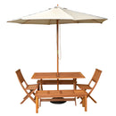 Outdoor 6 Person Rectangular Wooden Garden Dining Table, 2 Benches, Chairs with Cream Parasol and Base Set