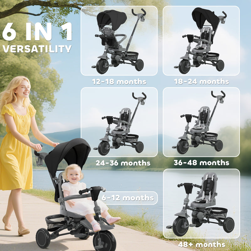 AIYAPLAY 6 in 1 Kids Trike, Toddler Tricycle with Parent Handle,