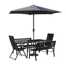 Outdoor 6 Person Rectangular Glass Top Garden Dining Table Benches & Chairs With Grey Havana Parasol and Base Set
