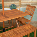 Outdoor 6 Person Rectangular Wooden Garden Dining Table, 2 Benches, Chairs with Cream Parasol and Base Set
