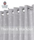 Triple Woven Blackout Velvet Ring Top Curtains with Cascading Diamante Studs Silver