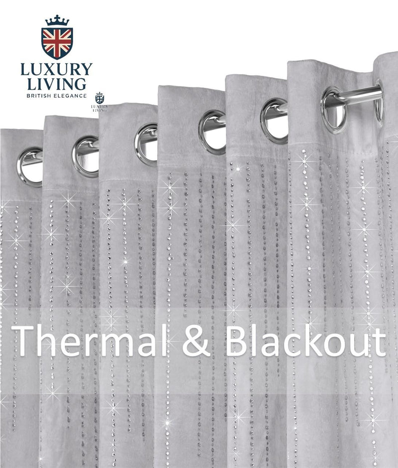 Triple Woven Blackout Velvet Ring Top Curtains with Cascading Diamante Studs Silver