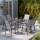 Breeins Outdoor Tempered Glass Coffee Table with 6 Foldable Chairs