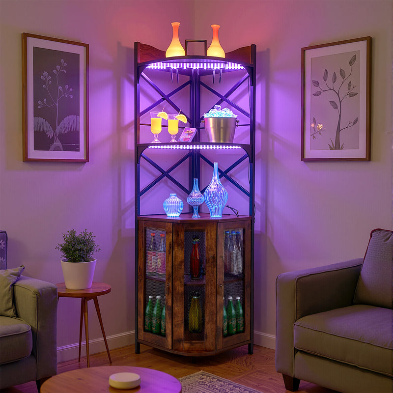Livingandhome 5-Tier Corner Bar Cabinet with Built-in Power Outlet and LED Lights