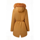 Hooded Mid-length Coat With Detachable Faux Fur Trim