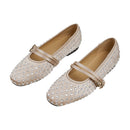 Rhinestones Double Strap Mary Jane Flats Shoes - Beige
