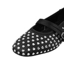 Rhinestones Double Strap Mary Jane Ballet Flat Shoes - Black