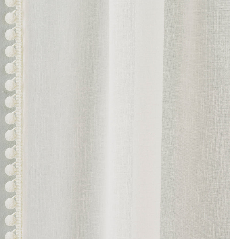 Pair of Tahiti Cream Pom-Pom Trim Linen Look Voile Panels with Rod Pocket Header