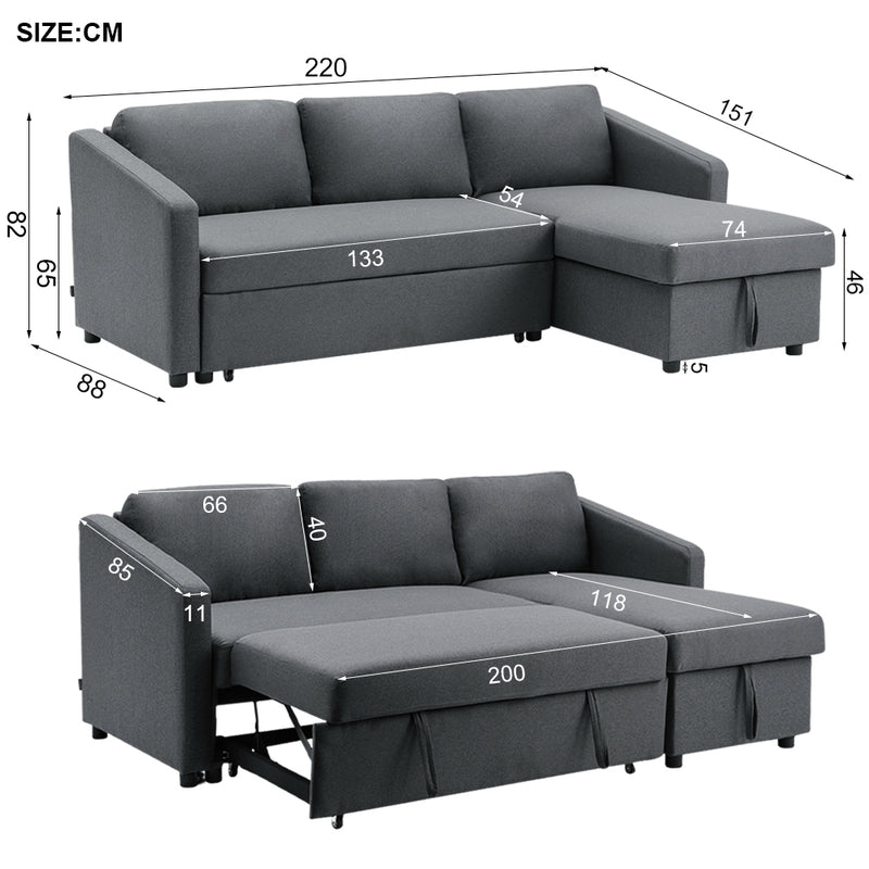 Livingandhome L-Shaped 3-Seater Sofa Bed in Dark Grey Fabric
