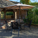 Outdoor 4 Person Round Glass Top Garden Dining Table Chairs With Beige Banana Parasol and Base