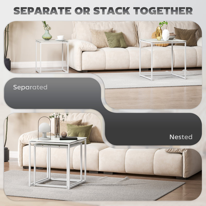 HOMCOM Nest of 2 Side Tables Set of Bedside Tables for Living Room White