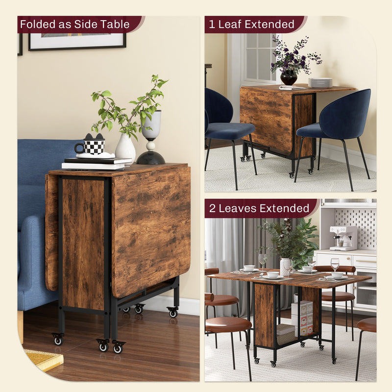 HOMCOM Mobile Drop Leaf Dining Table on Wheels with Storage Shelf Rustic Brown