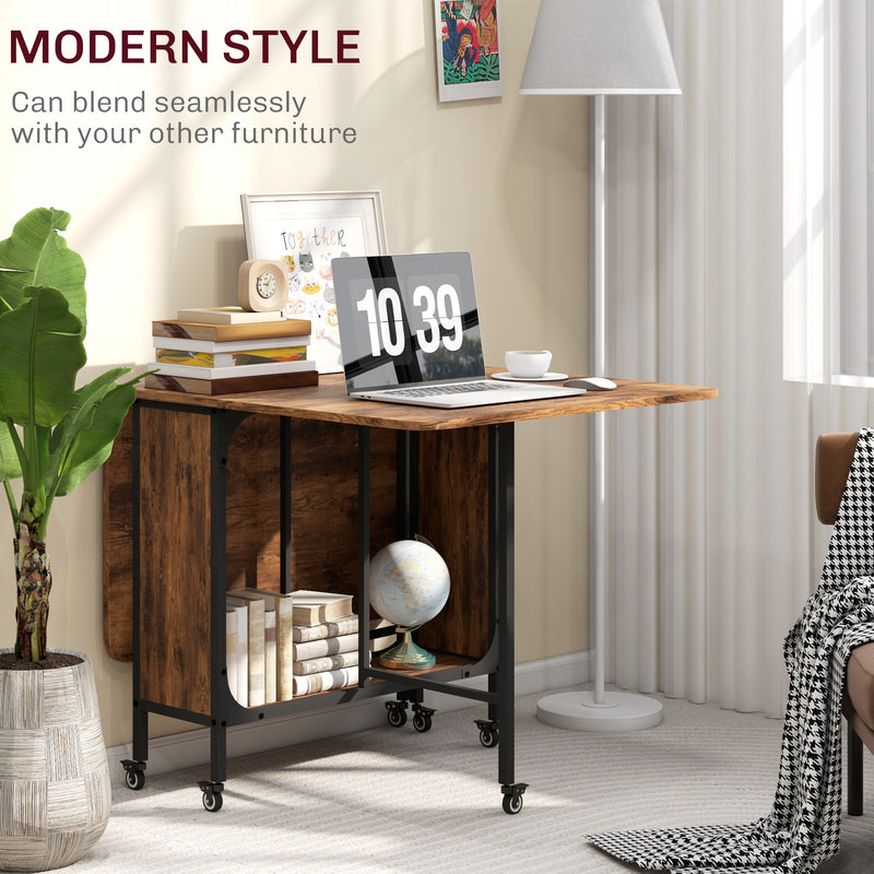 HOMCOM Mobile Drop Leaf Dining Table on Wheels with Storage Shelf Rustic Brown