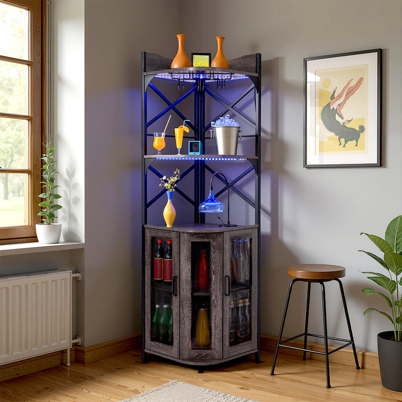 Livingandhome 5-Tier Corner Bar Cabinet with Built-in Power Outlet and LED Lights