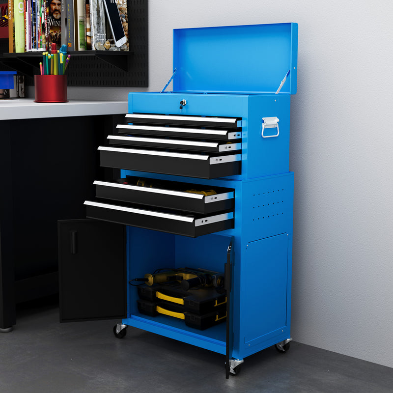 HOMCOM Top Chest And Roller Cabinet Combo Metal Tool Cabinet On Wheels - Black/Blue/Red