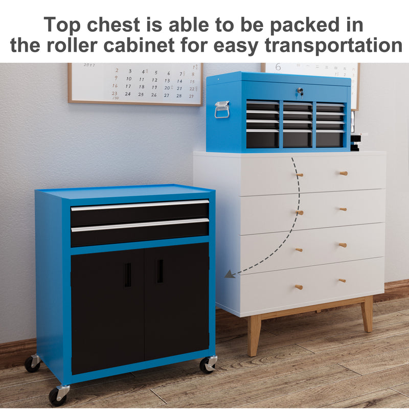 HOMCOM Top Chest And Roller Cabinet Combo Metal Tool Cabinet On Wheels - Black/Blue/Red
