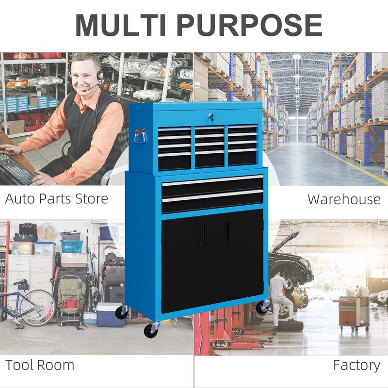 HOMCOM Top Chest And Roller Cabinet Combo Metal Tool Cabinet On Wheels - Black/Blue/Red