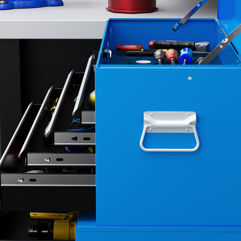 HOMCOM Top Chest And Roller Cabinet Combo Metal Tool Cabinet On Wheels - Black/Blue/Red