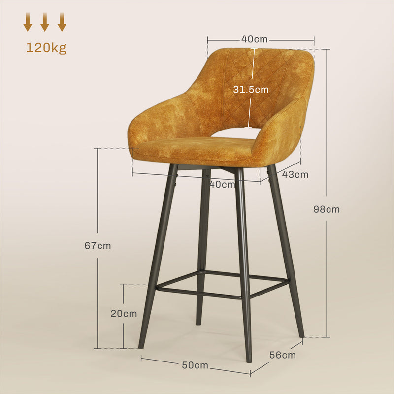 HOMCOM Bar Stools Set Of 2, Velvet-Touch Fabric Counter Height Bar Chairs Pink