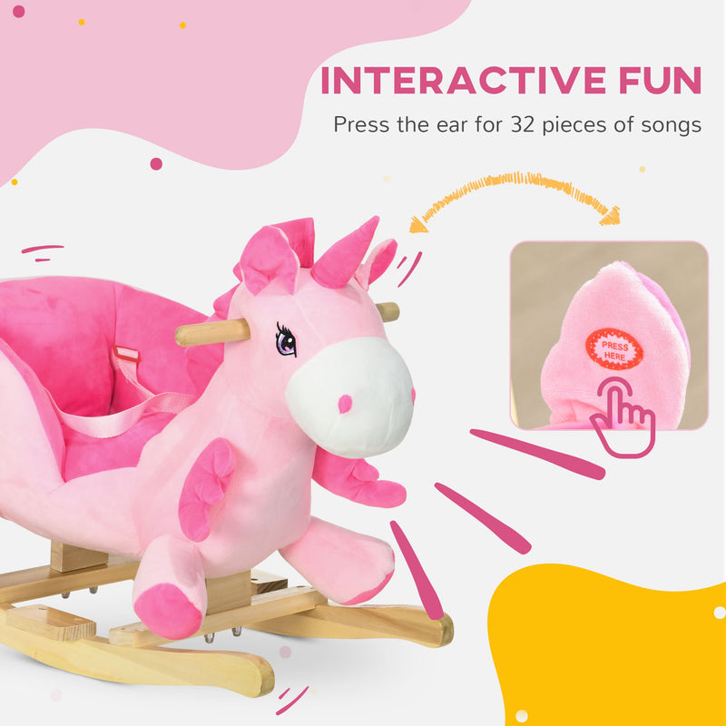 HOMCOM Rocking Horse Plush Ride On Unicorn With Songs, Seat Belt, Pink