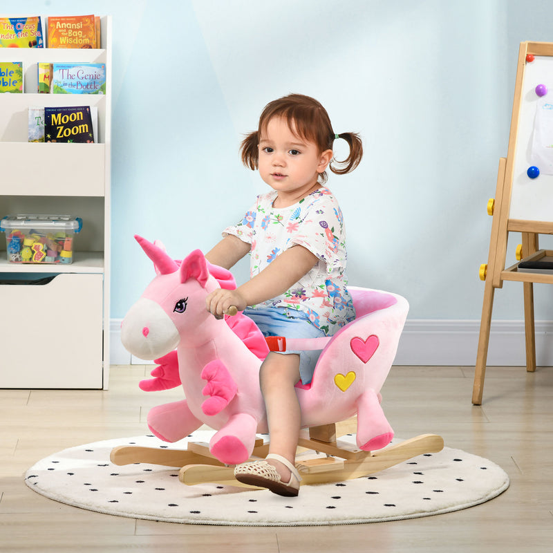 HOMCOM Rocking Horse Plush Ride On Unicorn With Songs Seat Belt Pink