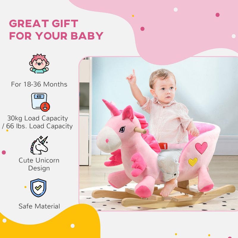 HOMCOM Rocking Horse Plush Ride On Unicorn With Songs, Seat Belt, Pink