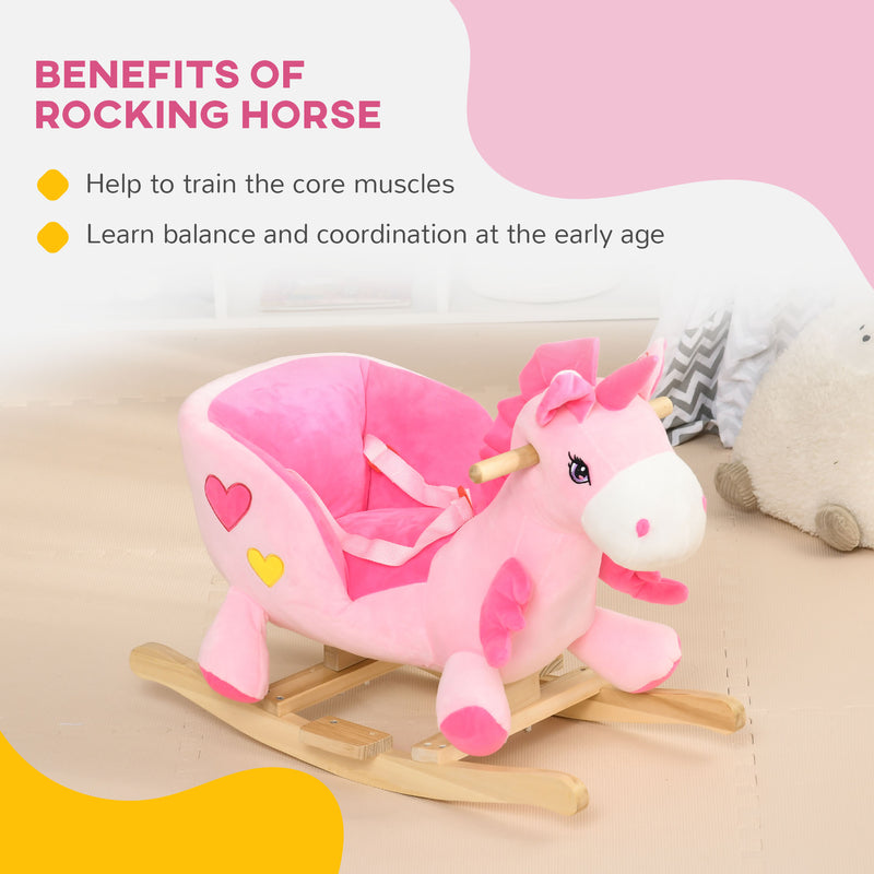 HOMCOM Rocking Horse Plush Ride On Unicorn With Songs, Seat Belt, Pink