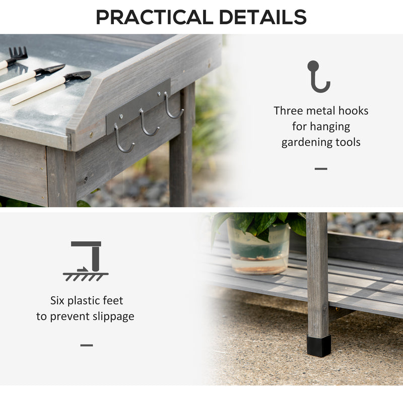 Outsunny Garden Potting Table Wooden Workstation w/ Metal Tabletop, Drawer, Shelves