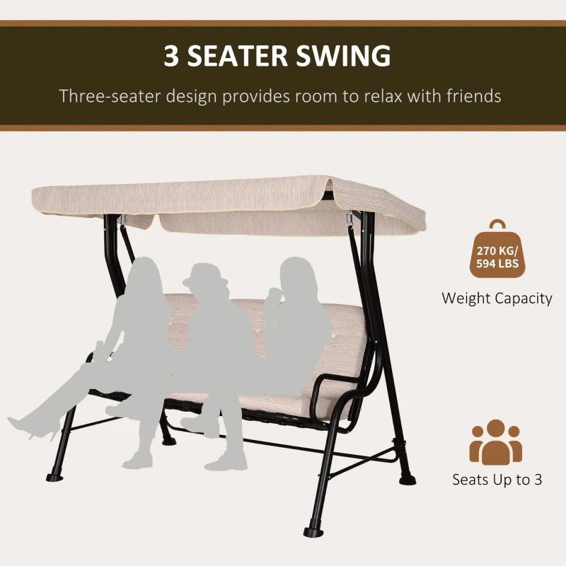 Outsunny Steel Frame 3-Seater Outdoor Garden Swing Chair w/ Canopy Beige