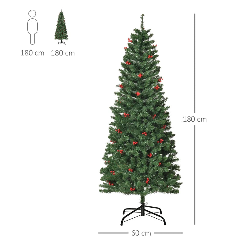 HOMCOM 6FT Prelit Artificial Pencil Christmas Tree with Warm White LED Light, Red Berry, Green