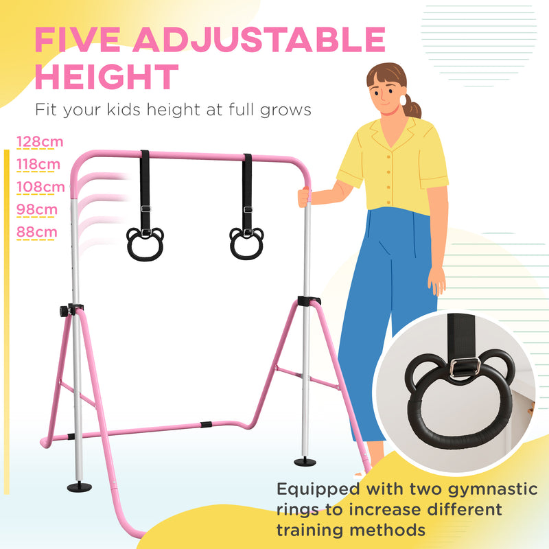 HOMCOM Adjustable Height Foldable Kids Gymnastics Bar with Non-Slip Mats, Pink