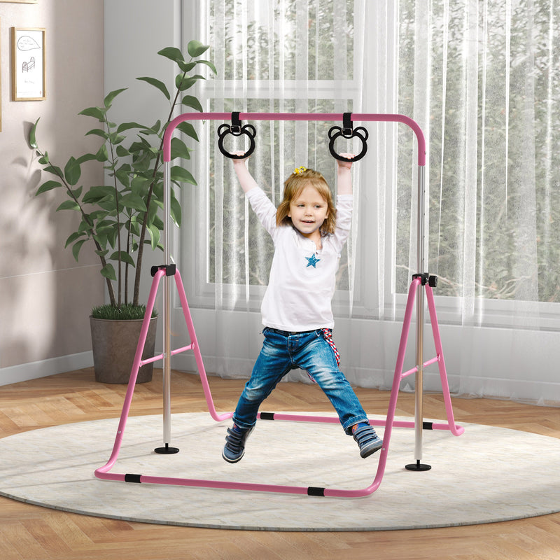 HOMCOM Adjustable Height Foldable Kids Gymnastics Bar with Non-Slip Mats, Pink