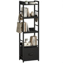 HOMCOM 4-Tier Bookshelf, Shelving Unit with Drawer, 8 Hooks, Black
