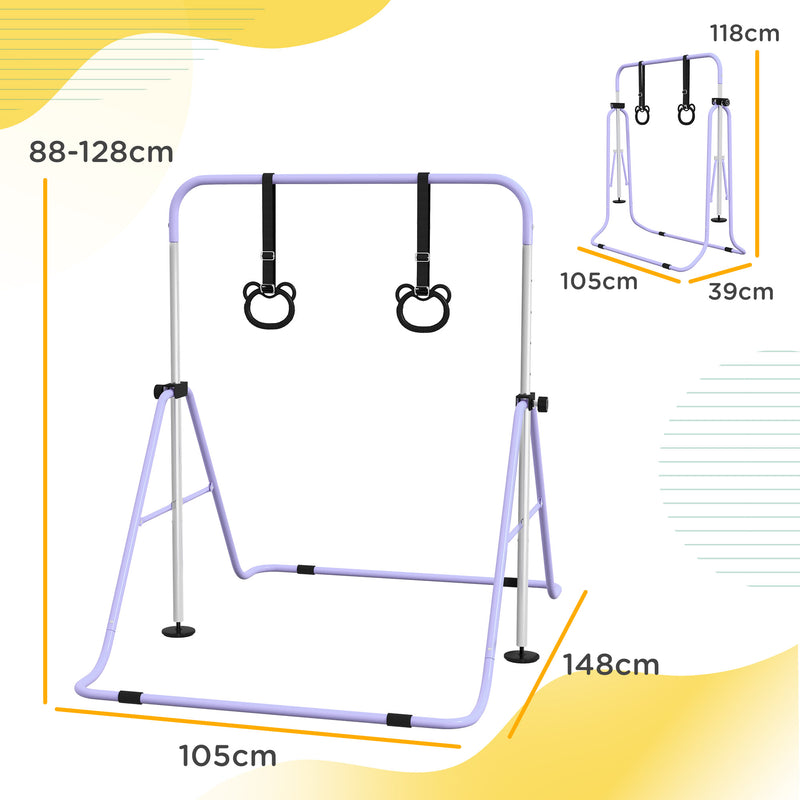 HOMCOM Adjustable Height Foldable Kids Purple Gymnastics Bar With Non-Slip Mats