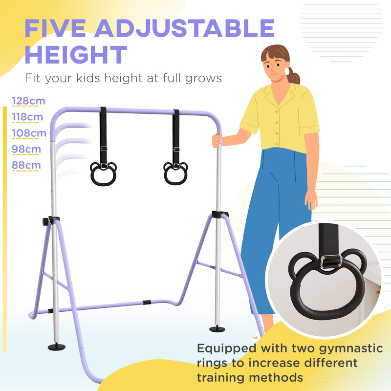 HOMCOM Adjustable Height Foldable Kids Purple Gymnastics Bar With Non-Slip Mats