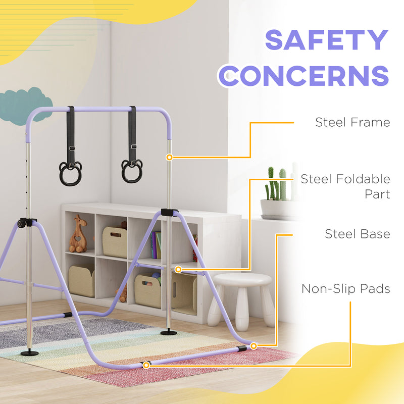 HOMCOM Adjustable Height Foldable Kids Purple Gymnastics Bar With Non-Slip Mats