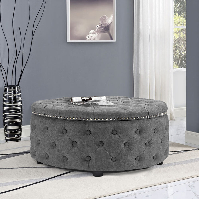 Livingandhome Round Linen Ottoman with Rubberwood Legs