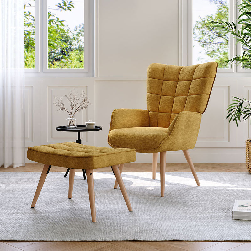 Livingandhome Yellow Linen Armchair with Matching Footstool