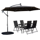 Outdoor 4 Person Rectangular Glass Top Garden Dining Table Chairs With Black Banana Lit Parasol and Base Set