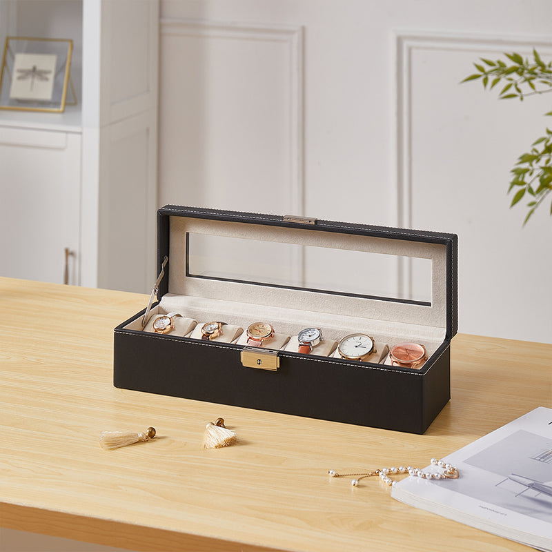 Sheonly 6-Slot Elegant Faux Leather Watch Display Case