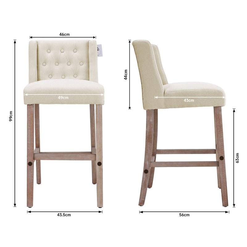Livingandhome Set of 2 Linen Tufted Bar Stools with Wood Legs