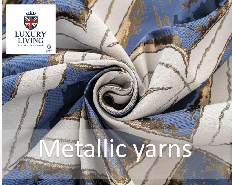 Luxury Diamond Jacquard Fully Lined Ring Top Curtains with Metallic Thread Blue/Gold