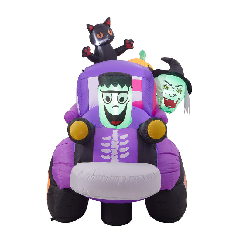 5ft Halloween Witch Driving a Car with Horror Frankenstein, Black Cat and Jack-o'-lantern Inflatable with Build-In LED