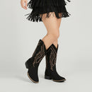 Women's Suede Western Mid-Calf Cowboy Boots - Black