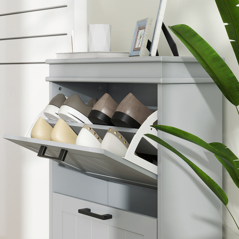 HOMCOM Slim Shoe Storage Cabinet with 2 Flip Drawers for Entryway, Grey